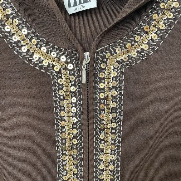 VTG WR Brown Sequence Hooded Zip Sweater Woman Sz M Y2K Preppy Boho Old Money - Picture 2 of 13